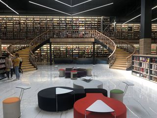 BKM Kitap Bursa spiral merdivenli ve oturma alanlı modern kitabevi